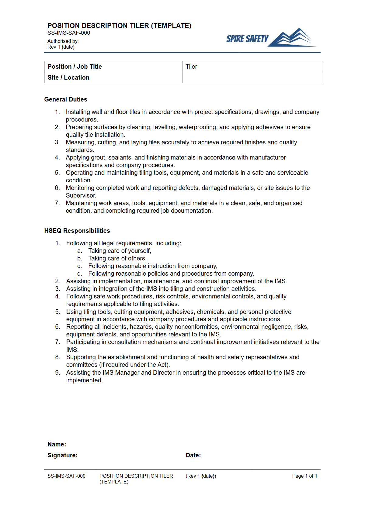 Free Position Description (Tiler) Template — document preview