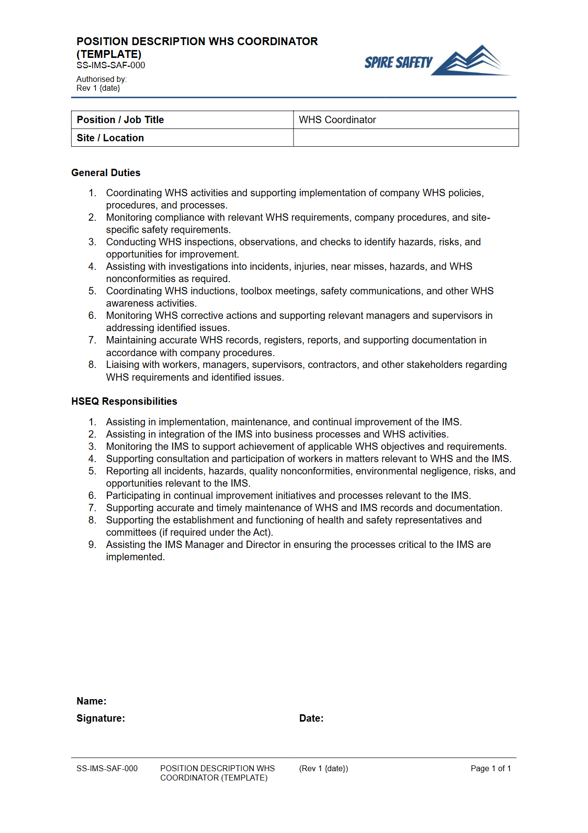 Free Position Description (WHS Coordinator) Template — document preview