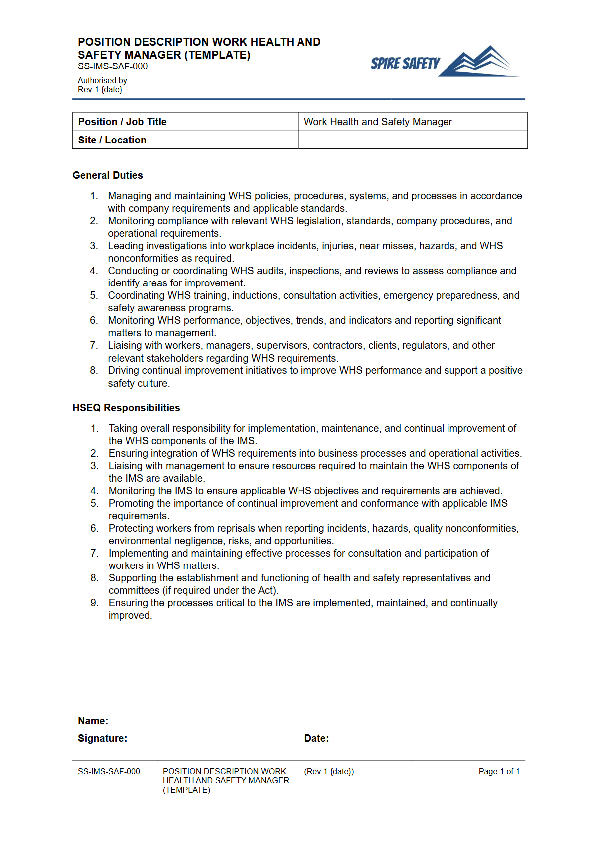 Free Position Description (Work Health and Safety Manager) Template — document preview