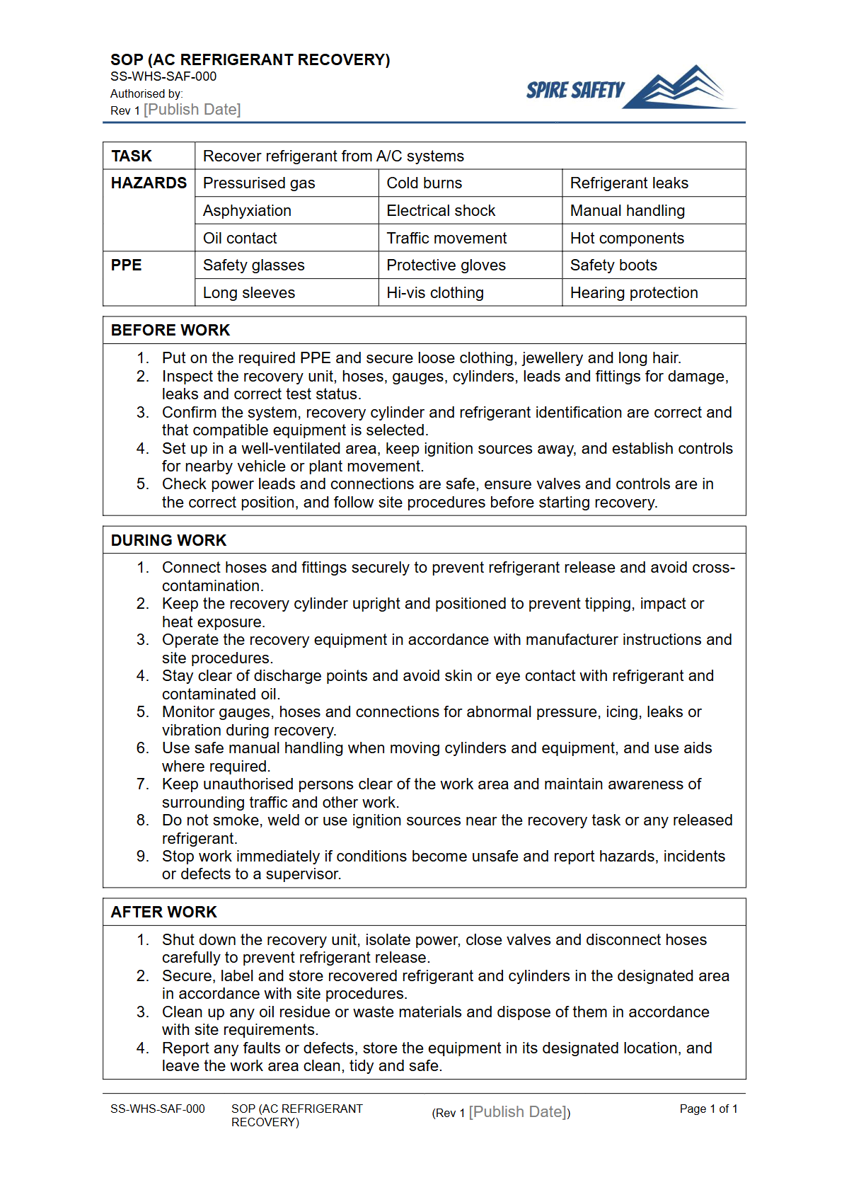 Free Safe Operating Procedure (AC Refrigerant Recovery) Template — document preview