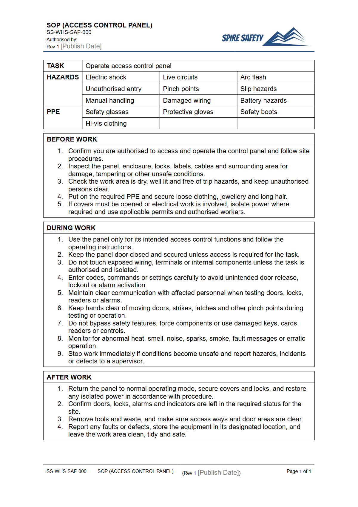 Free Safe Operating Procedure (Access Control Panel) Template — document preview