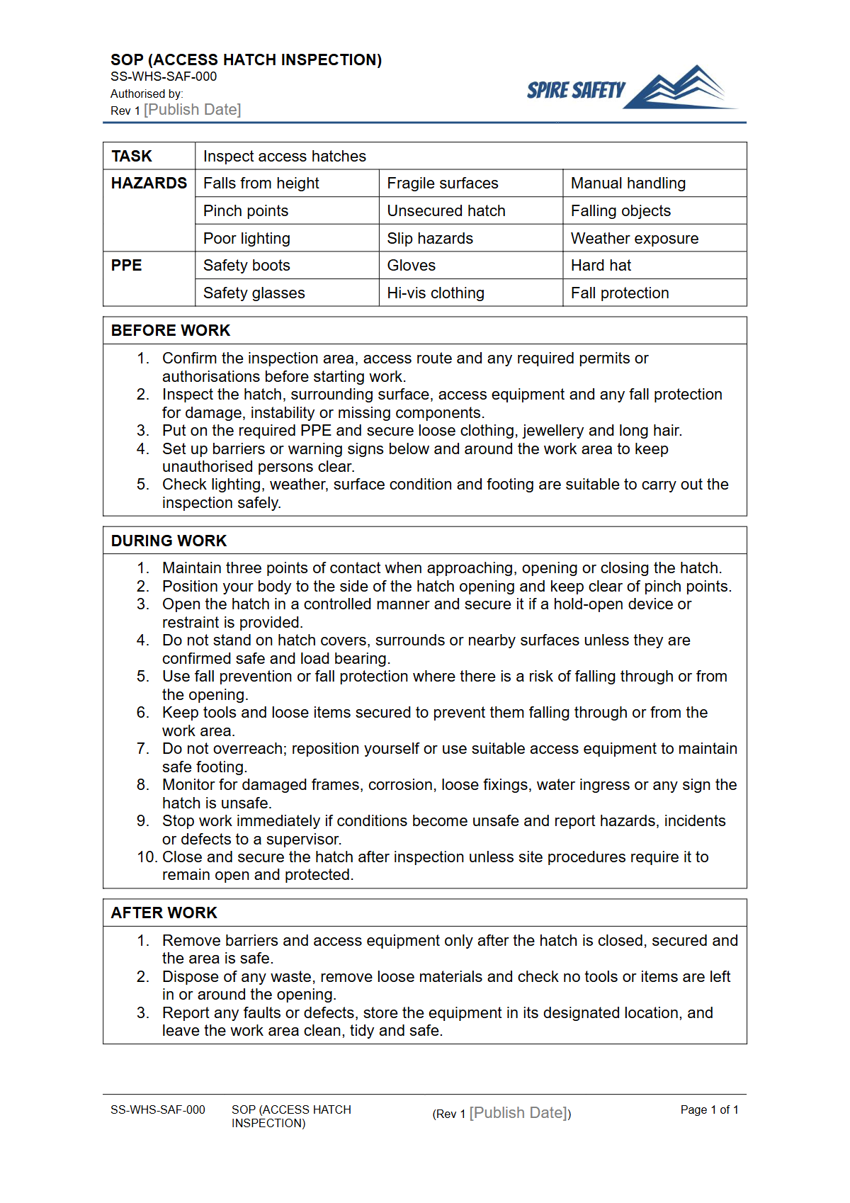 Free Safe Operating Procedure (Access Hatch Inspection) Template — document preview