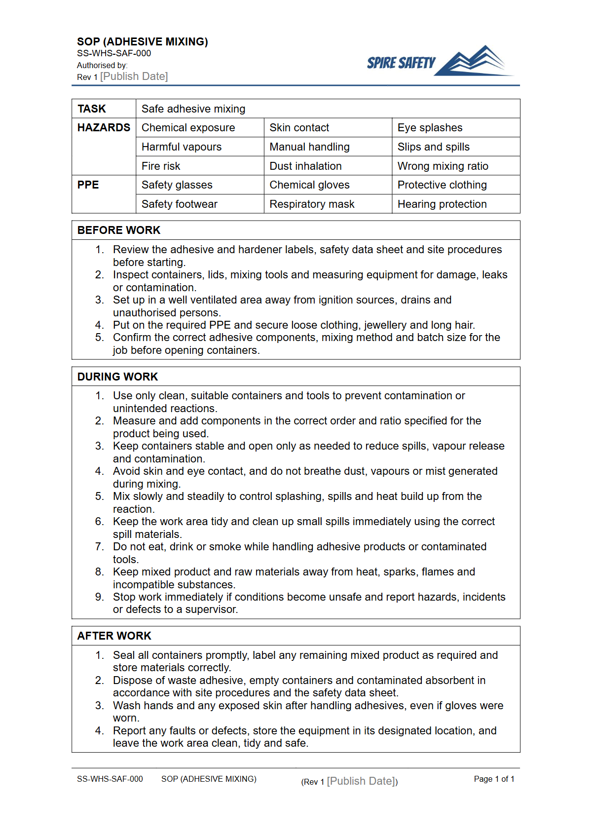 Free Safe Operating Procedure (Adhesive Mixing) Template — document preview