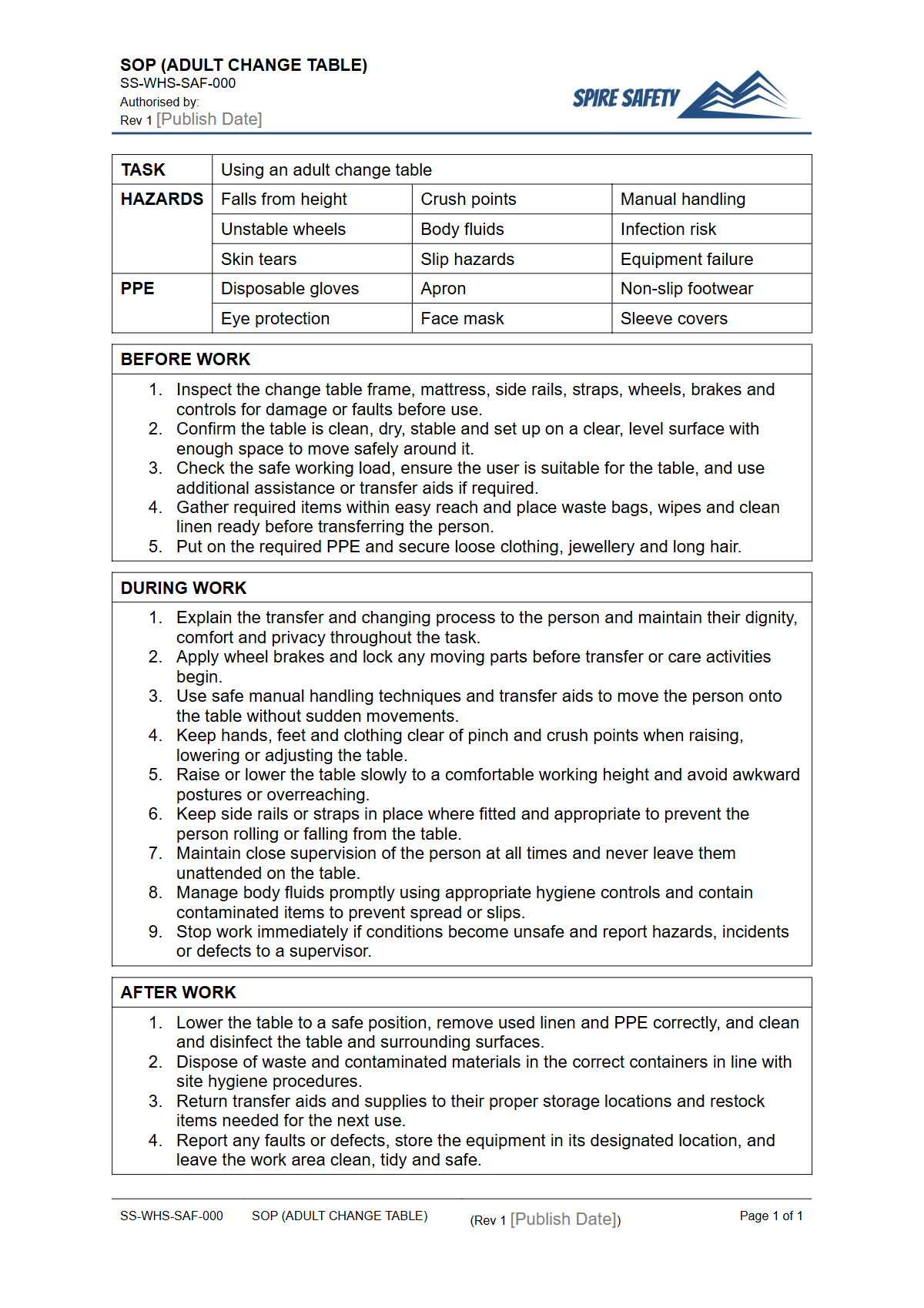 Free Safe Operating Procedure (Adult Change Table) Template — document preview