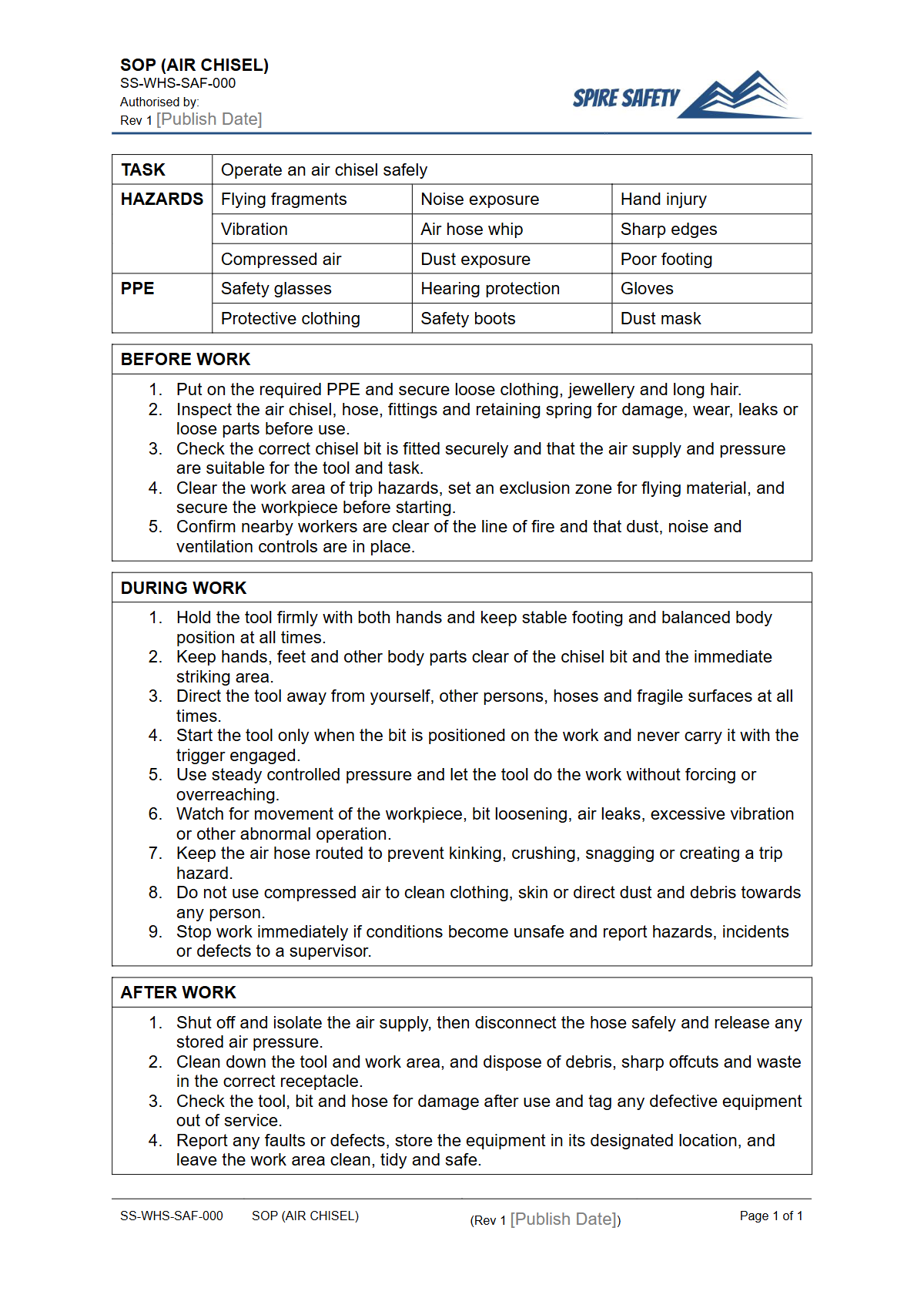 Free Safe Operating Procedure (Air Chisel) Template — document preview