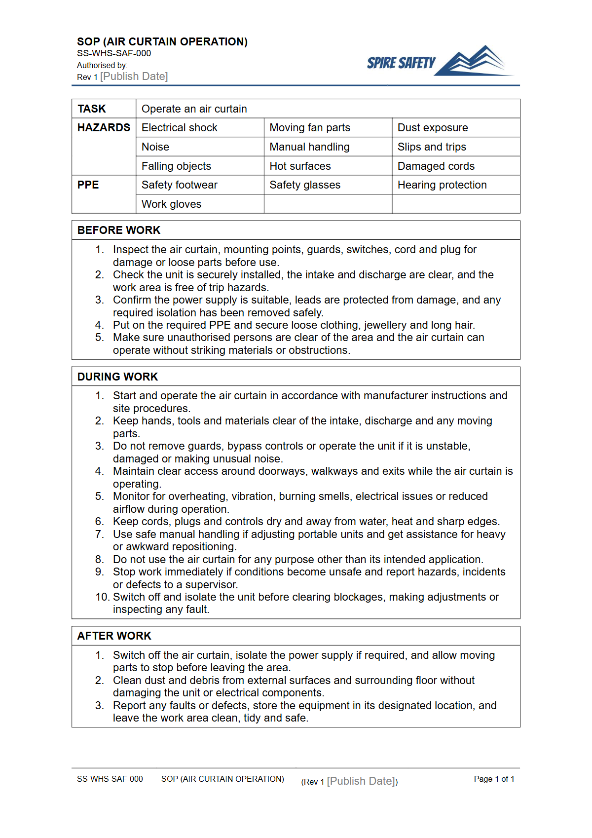 Free Safe Operating Procedure (Air Curtain Operation) Template — document preview