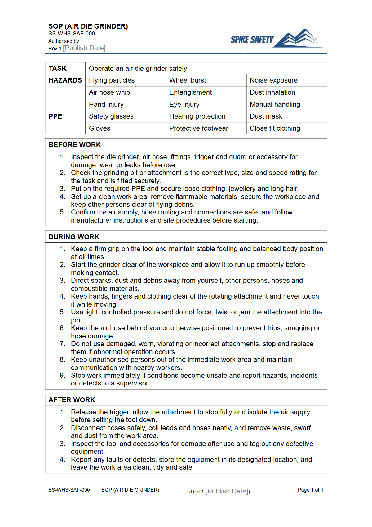 Free Safe Operating Procedure (Air Die Grinder) Template — document preview