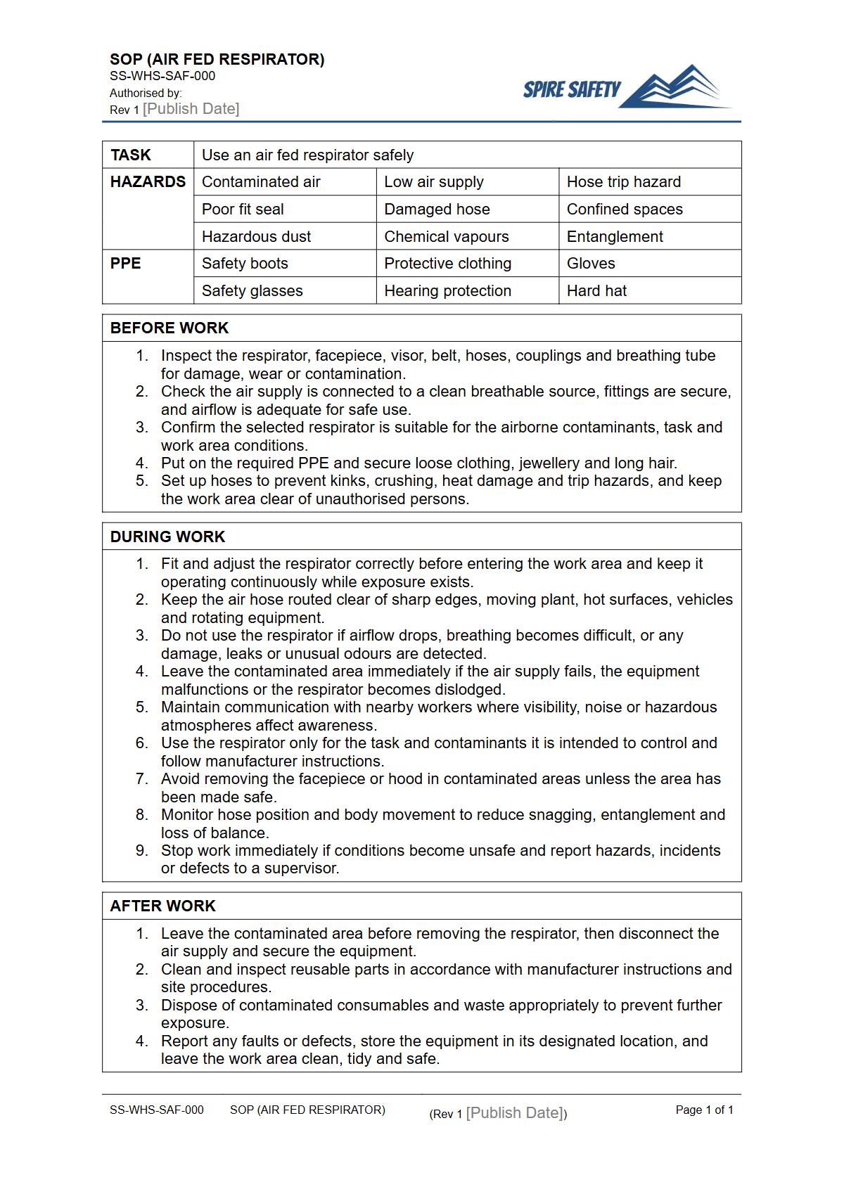 Free Safe Operating Procedure (Air Fed Respirator) Template — document preview