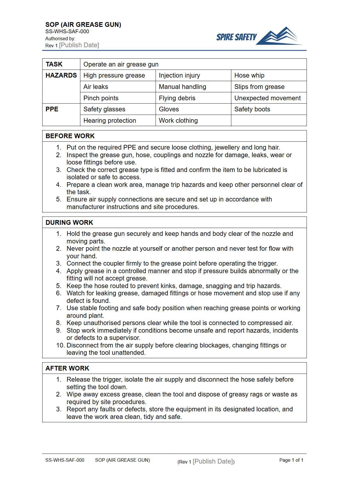 Free Safe Operating Procedure (Air Grease Gun) Template — document preview