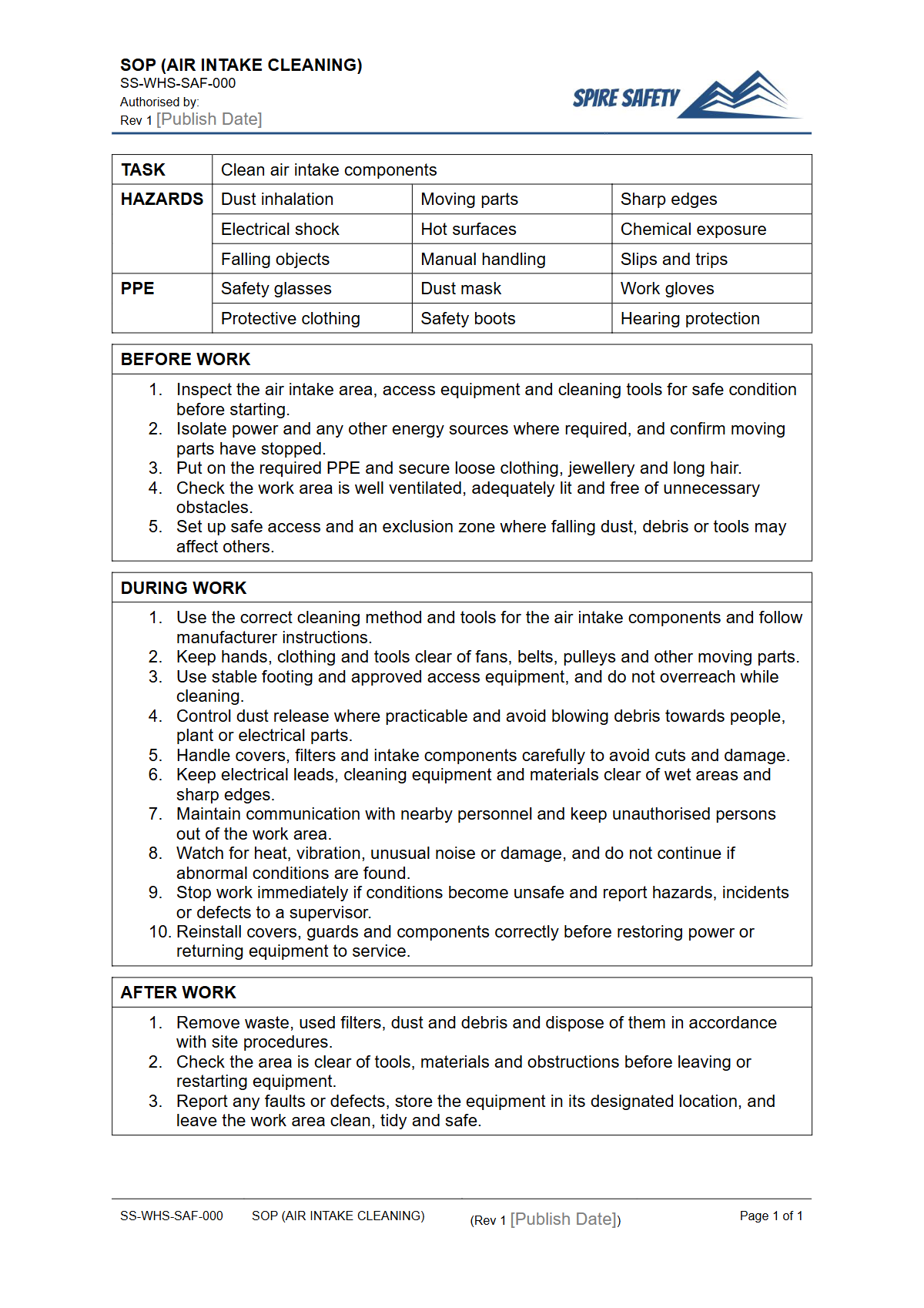 Free Safe Operating Procedure (Air Intake Cleaning) Template — document preview