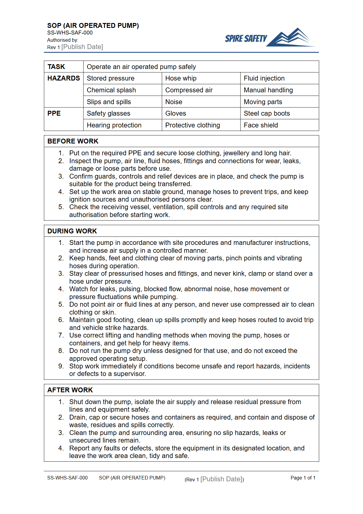 Free Safe Operating Procedure (Air Operated Pump) Template — document preview