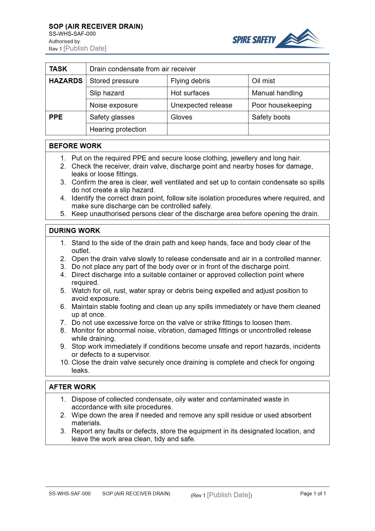 Free Safe Operating Procedure (Air Receiver Drain) Template — document preview