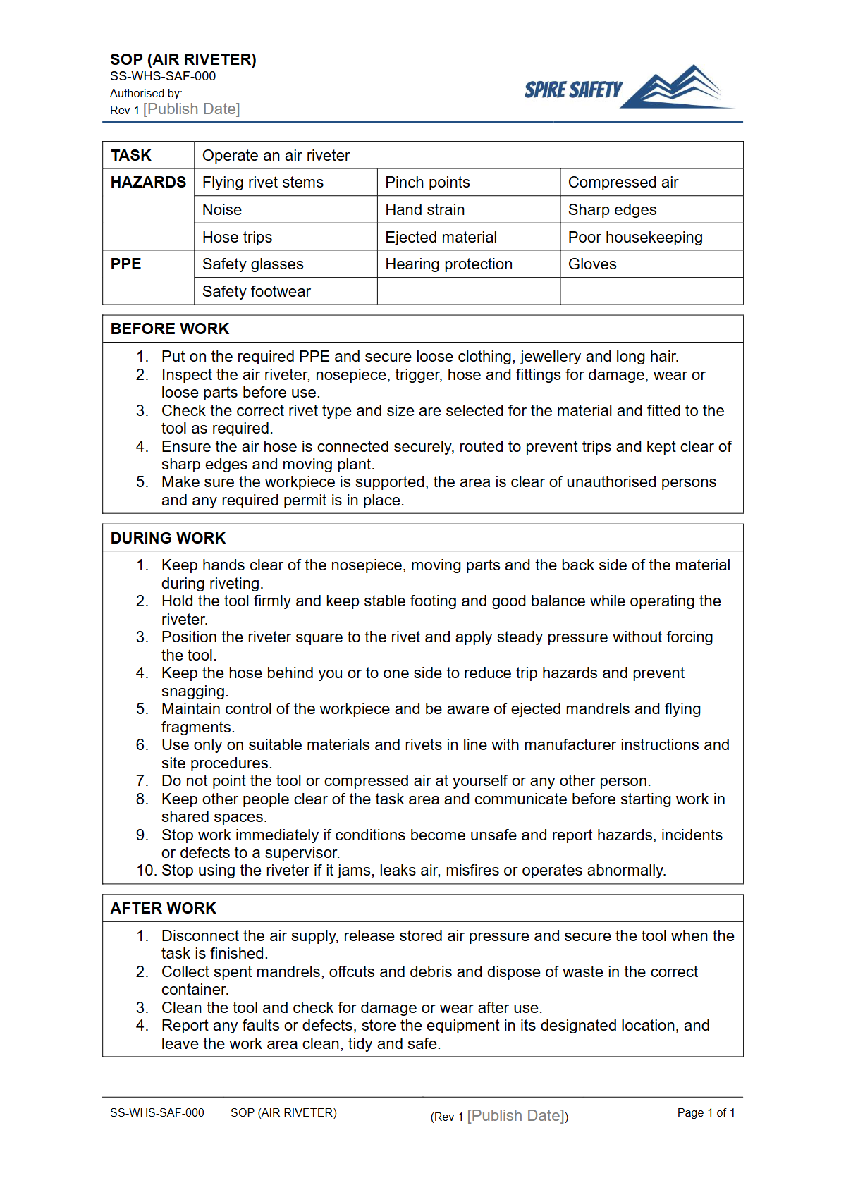 Free Safe Operating Procedure (Air Riveter) Template — document preview