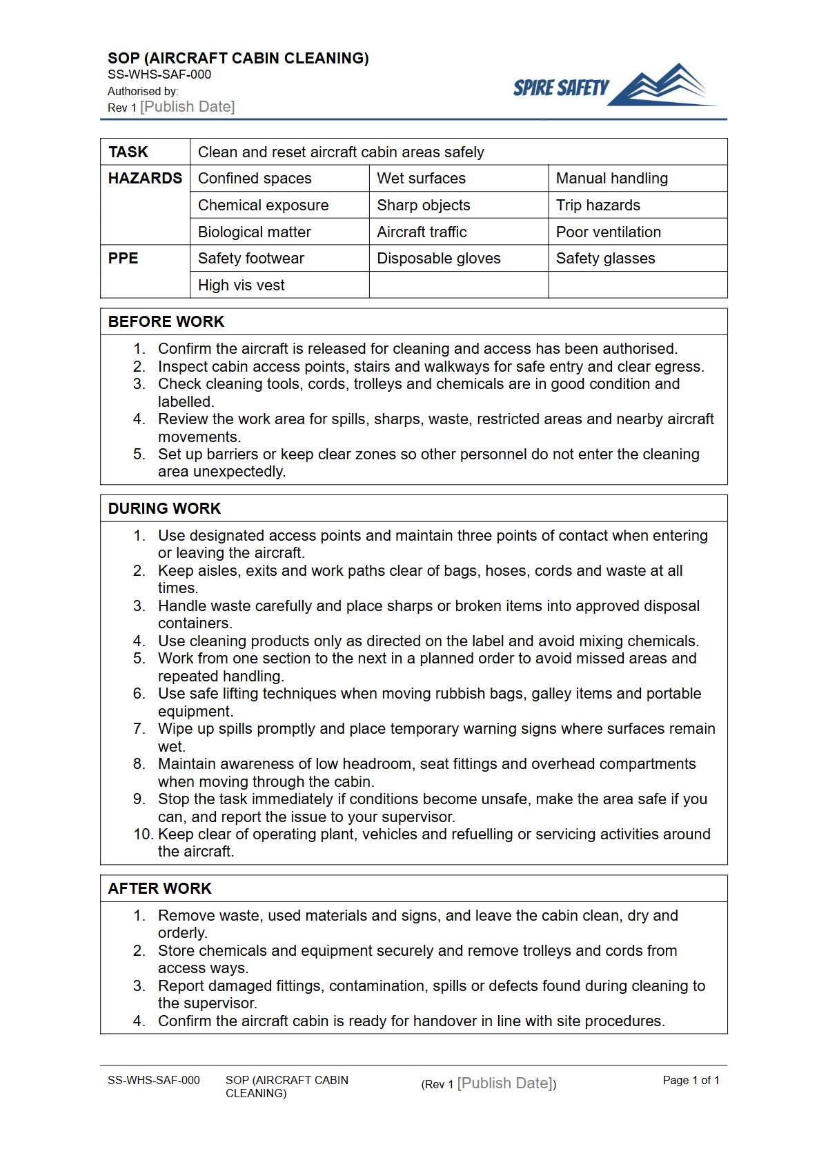 Free Safe Operating Procedure (Aircraft Cabin Cleaning) Template — document preview