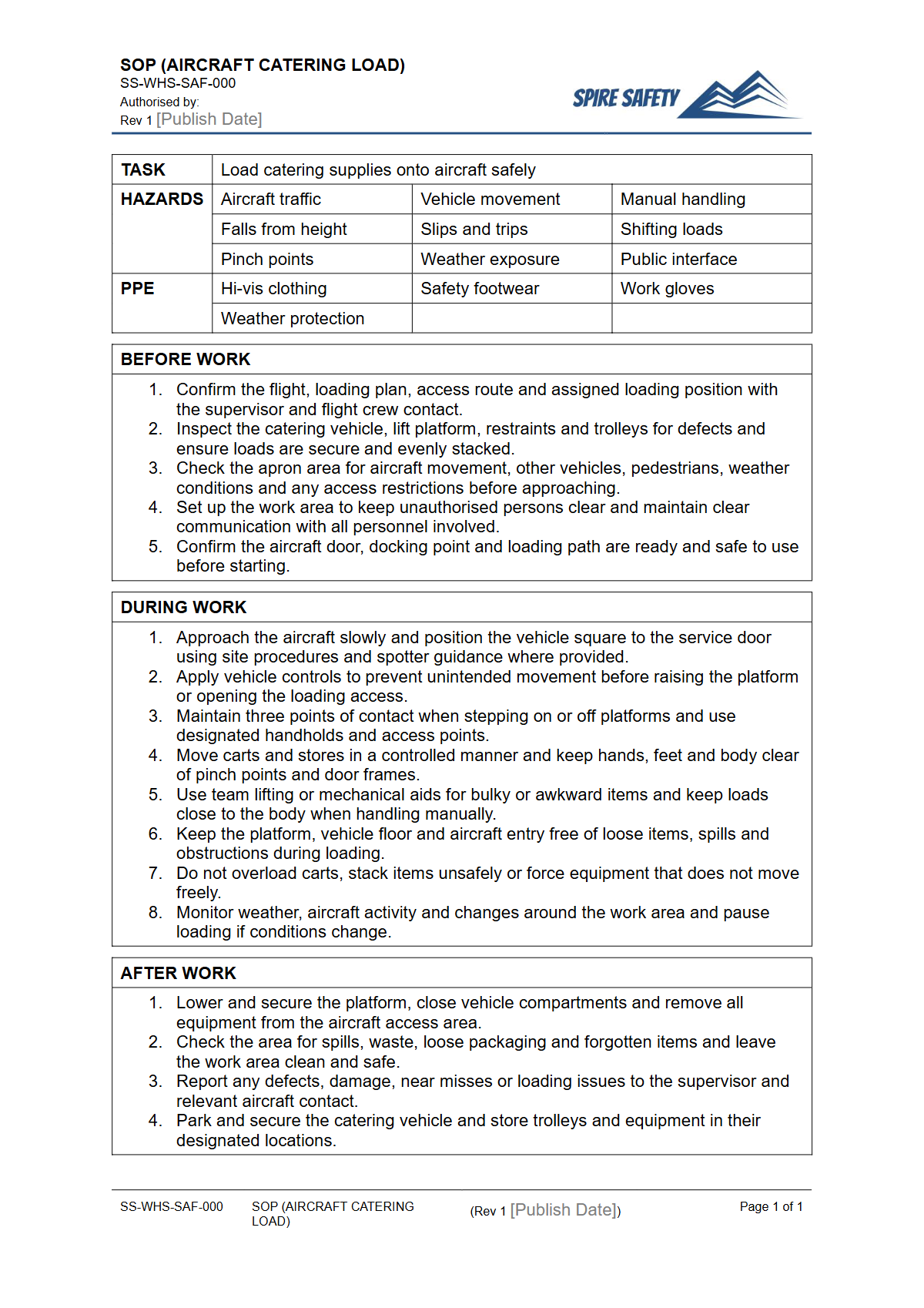 Free Safe Operating Procedure (Aircraft Catering Load) Template — document preview