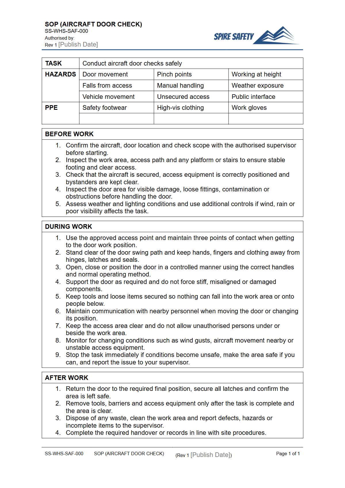 Free Safe Operating Procedure (Aircraft Door Check) Template — document preview