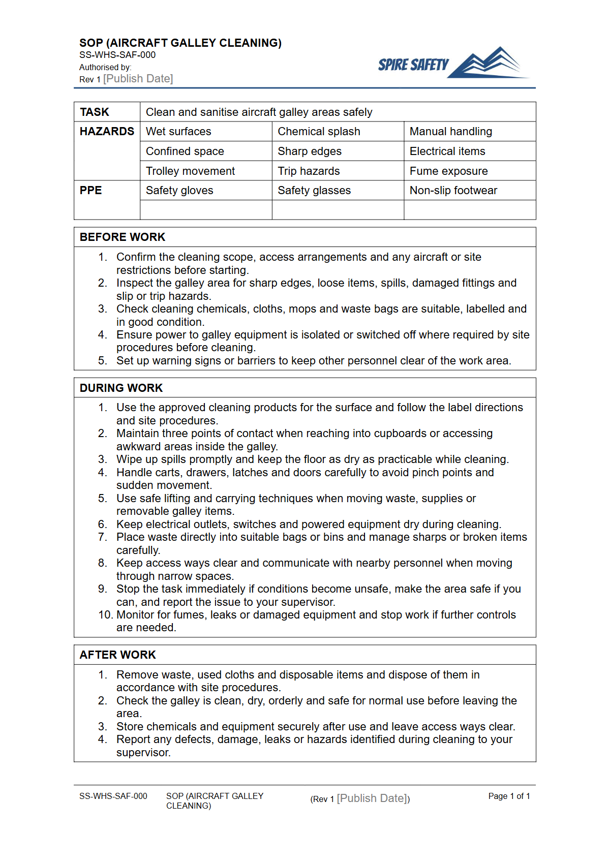 Free Safe Operating Procedure (Aircraft Galley Cleaning) Template — document preview
