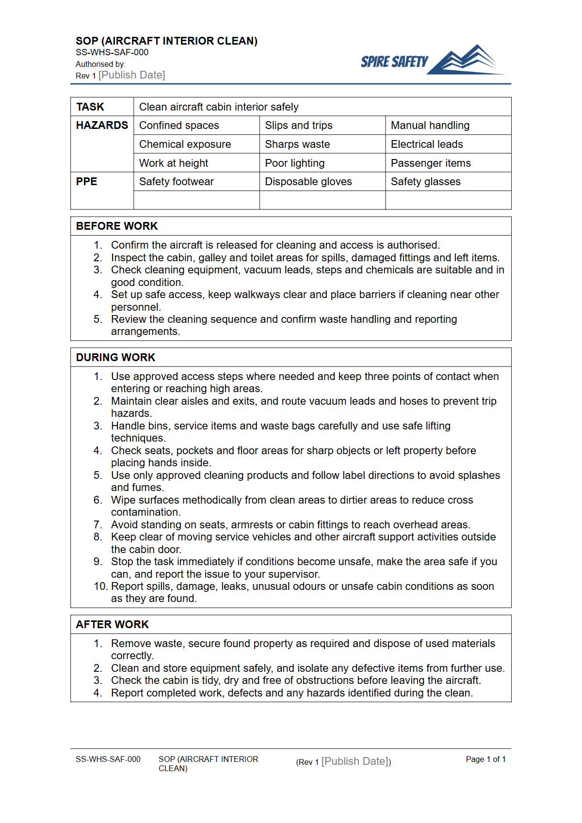 Free Safe Operating Procedure (Aircraft Interior Clean) Template — document preview