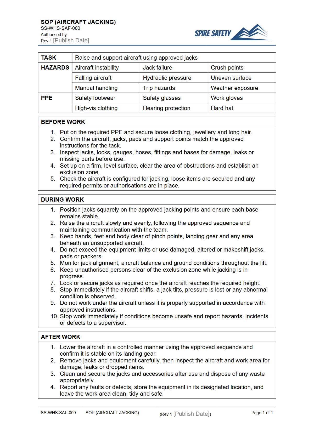 Free Safe Operating Procedure (Aircraft Jacking) Template — document preview
