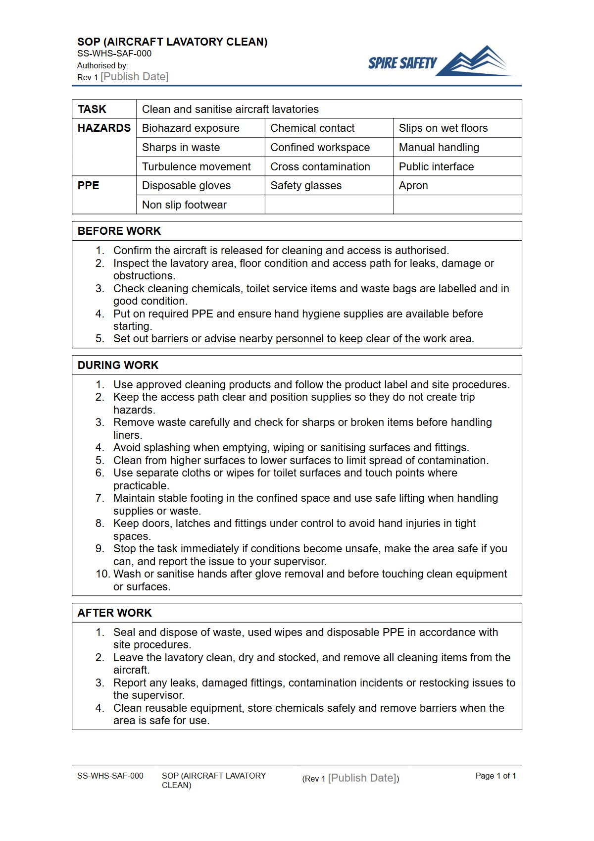 Free Safe Operating Procedure (Aircraft Lavatory Clean) Template — document preview