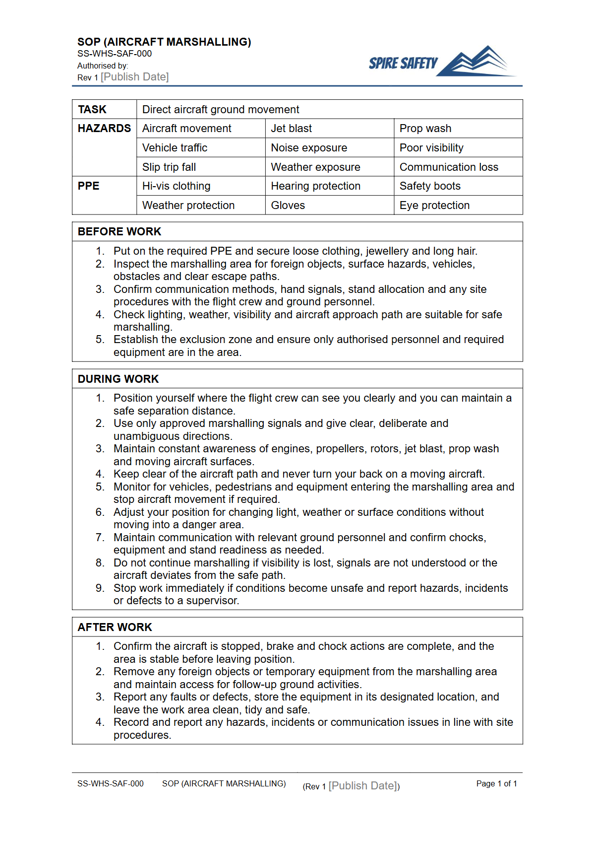 Free Safe Operating Procedure (Aircraft Marshalling) Template — document preview