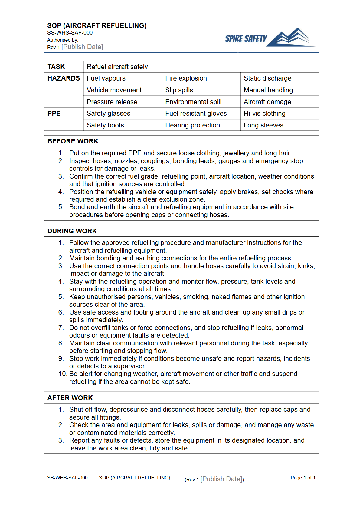Free Safe Operating Procedure (Aircraft Refuelling) Template — document preview