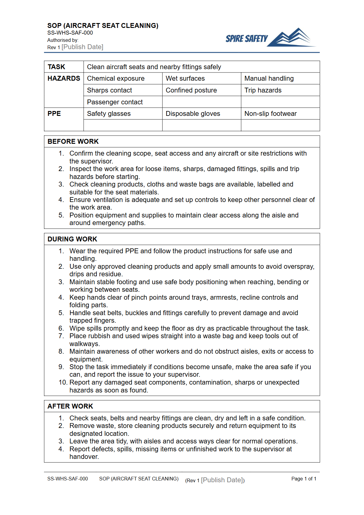 Free Safe Operating Procedure (Aircraft Seat Cleaning) Template — document preview