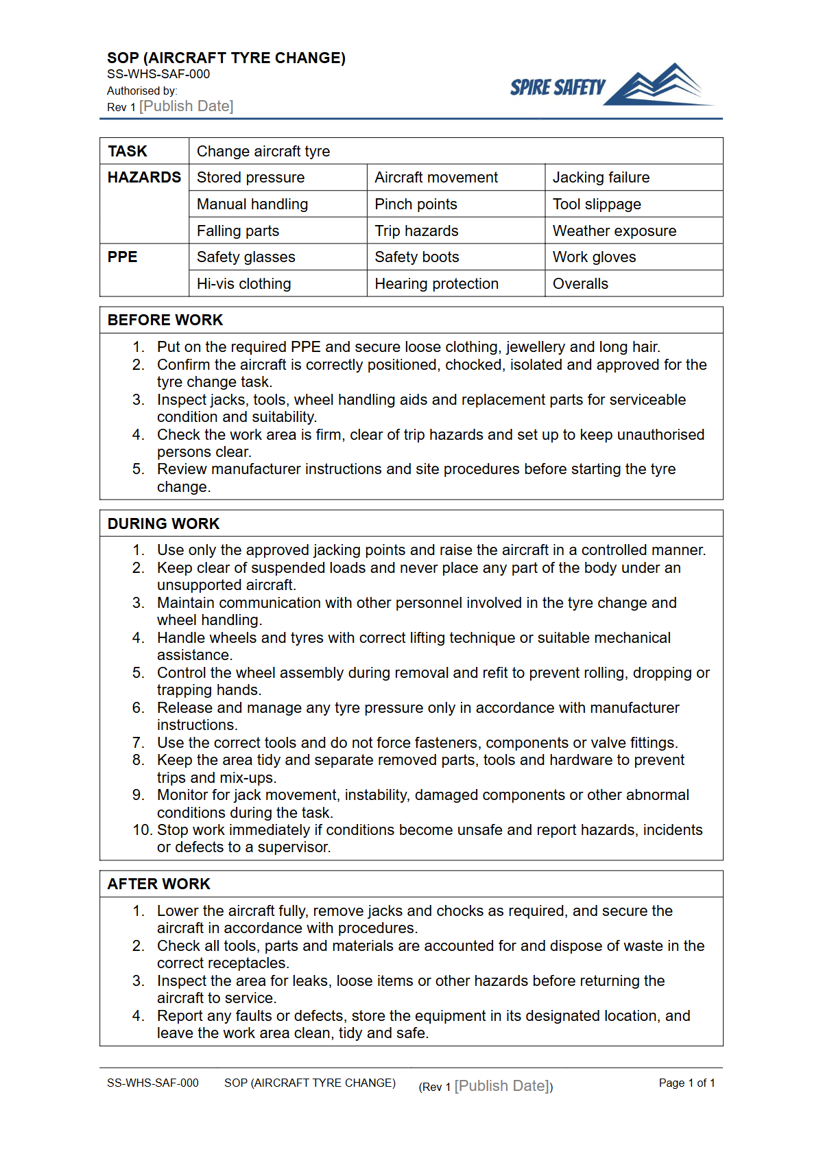 Free Safe Operating Procedure (Aircraft Tyre Change) Template — document preview