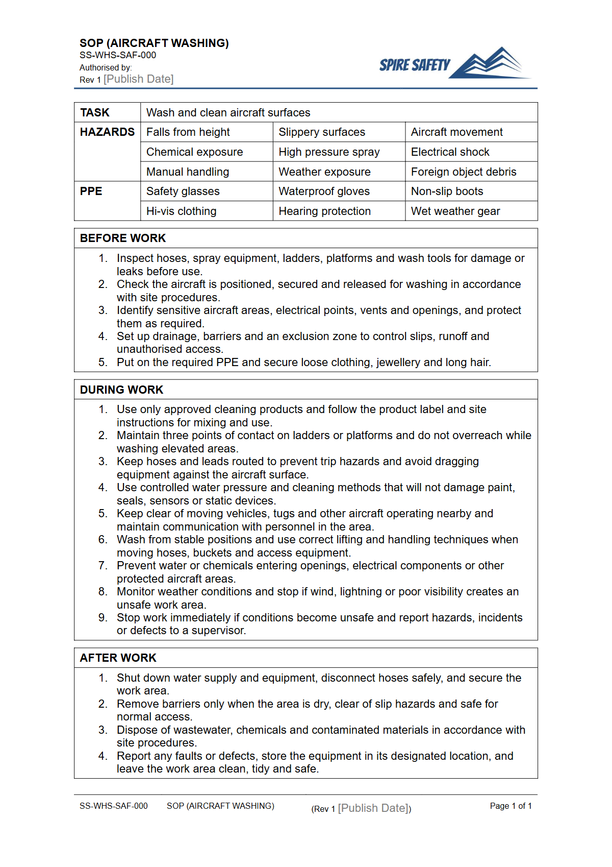 Free Safe Operating Procedure (Aircraft Washing) Template — document preview
