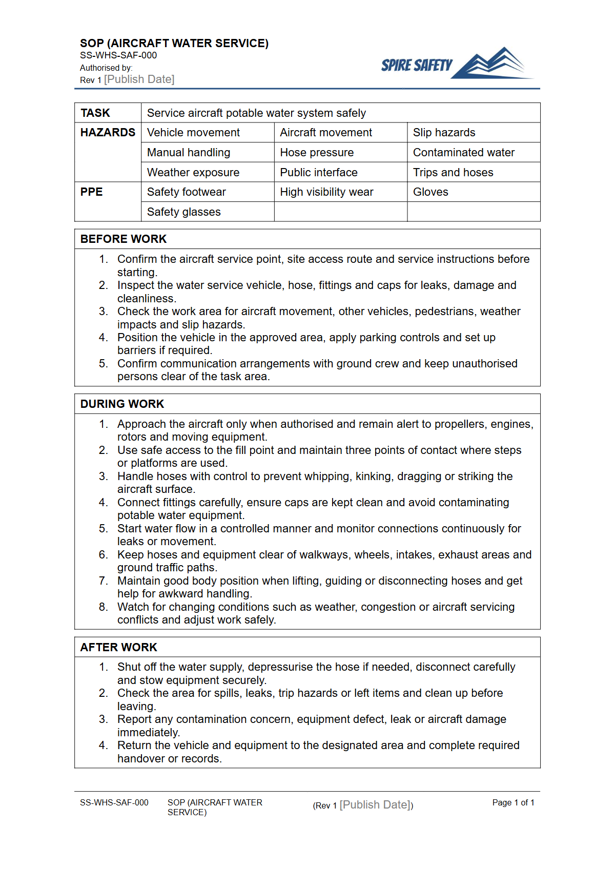 Free Safe Operating Procedure (Aircraft Water Service) Template — document preview
