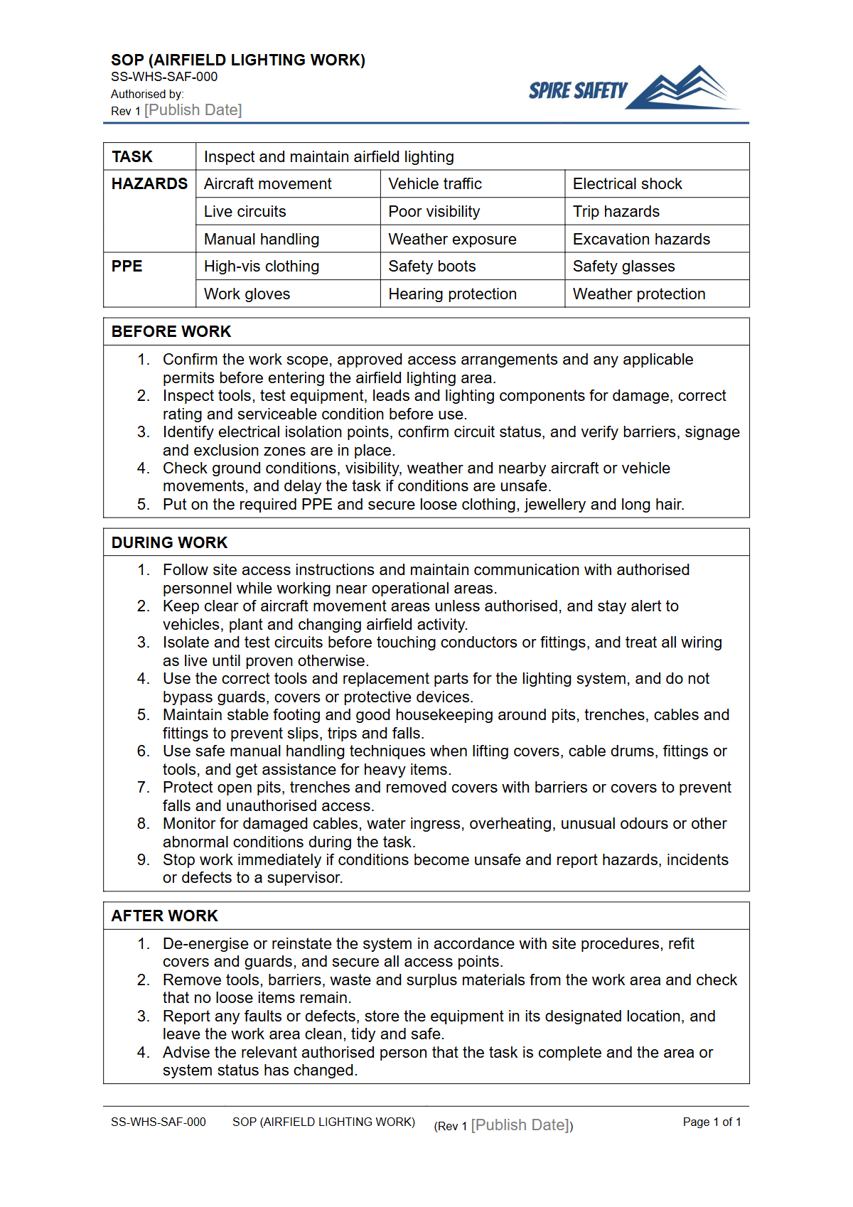Free Safe Operating Procedure (Airfield Lighting Work) Template — document preview