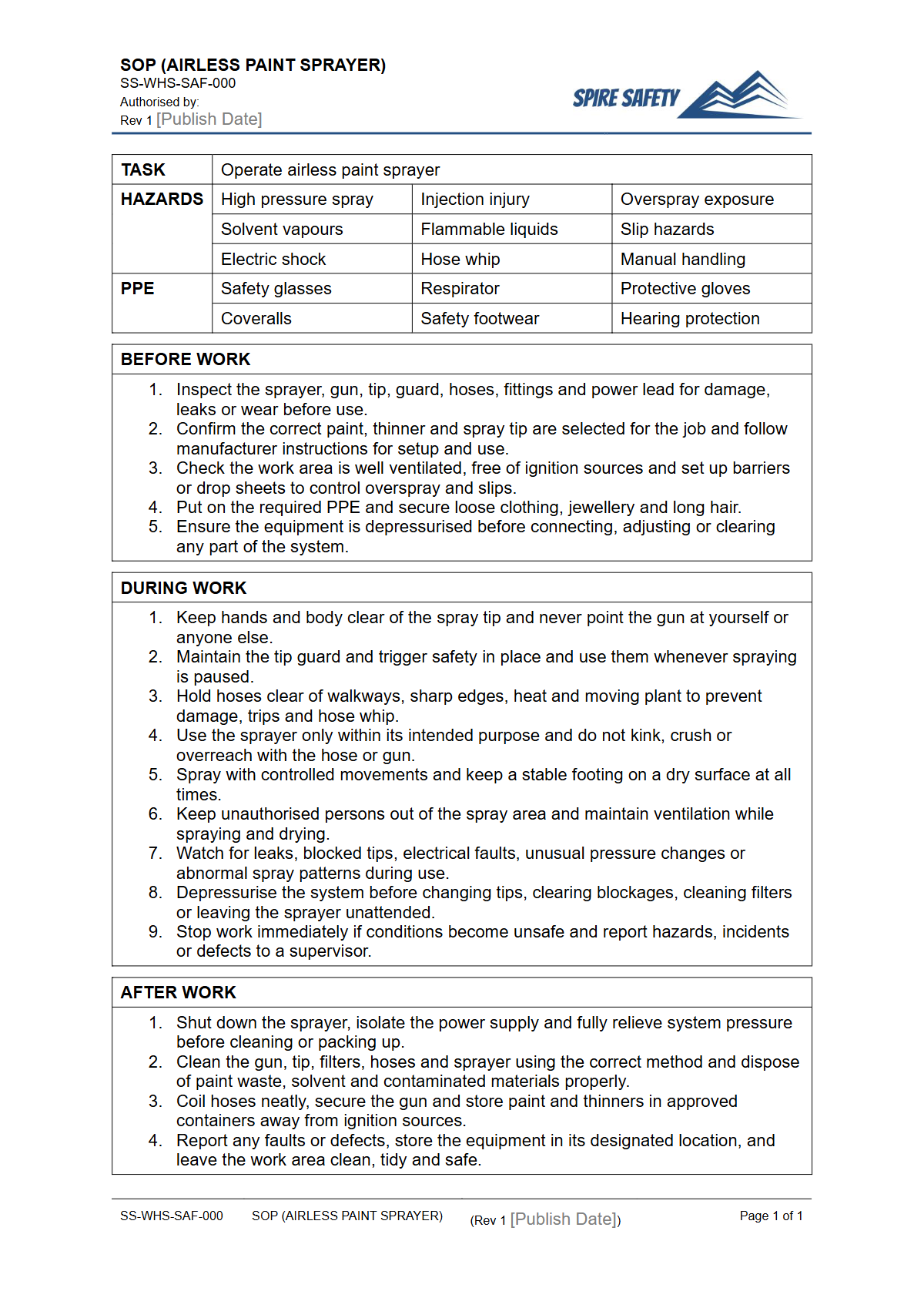 Free Safe Operating Procedure (Airless Paint Sprayer) Template — document preview