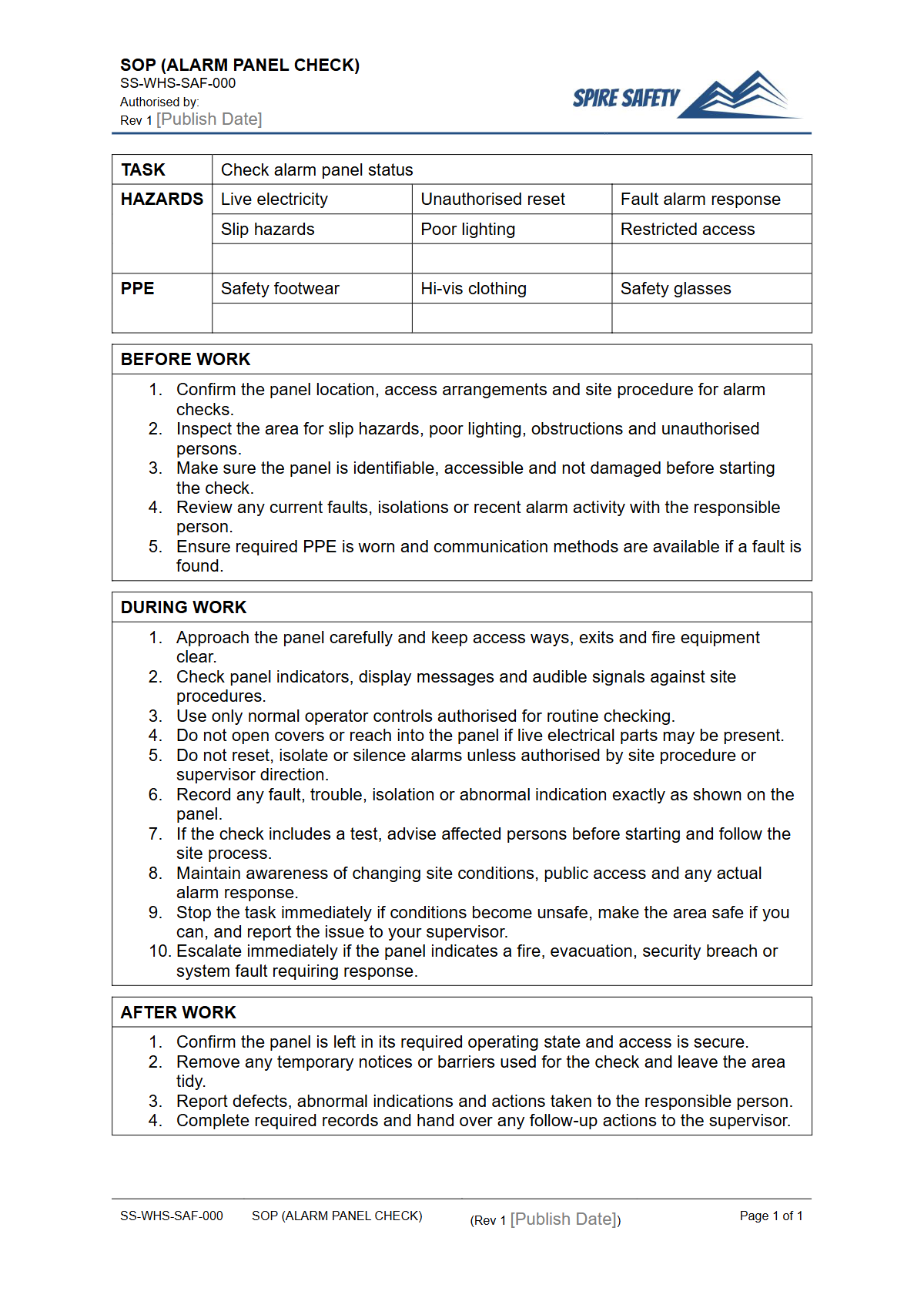 Free Safe Operating Procedure (Alarm Panel Check) Template — document preview