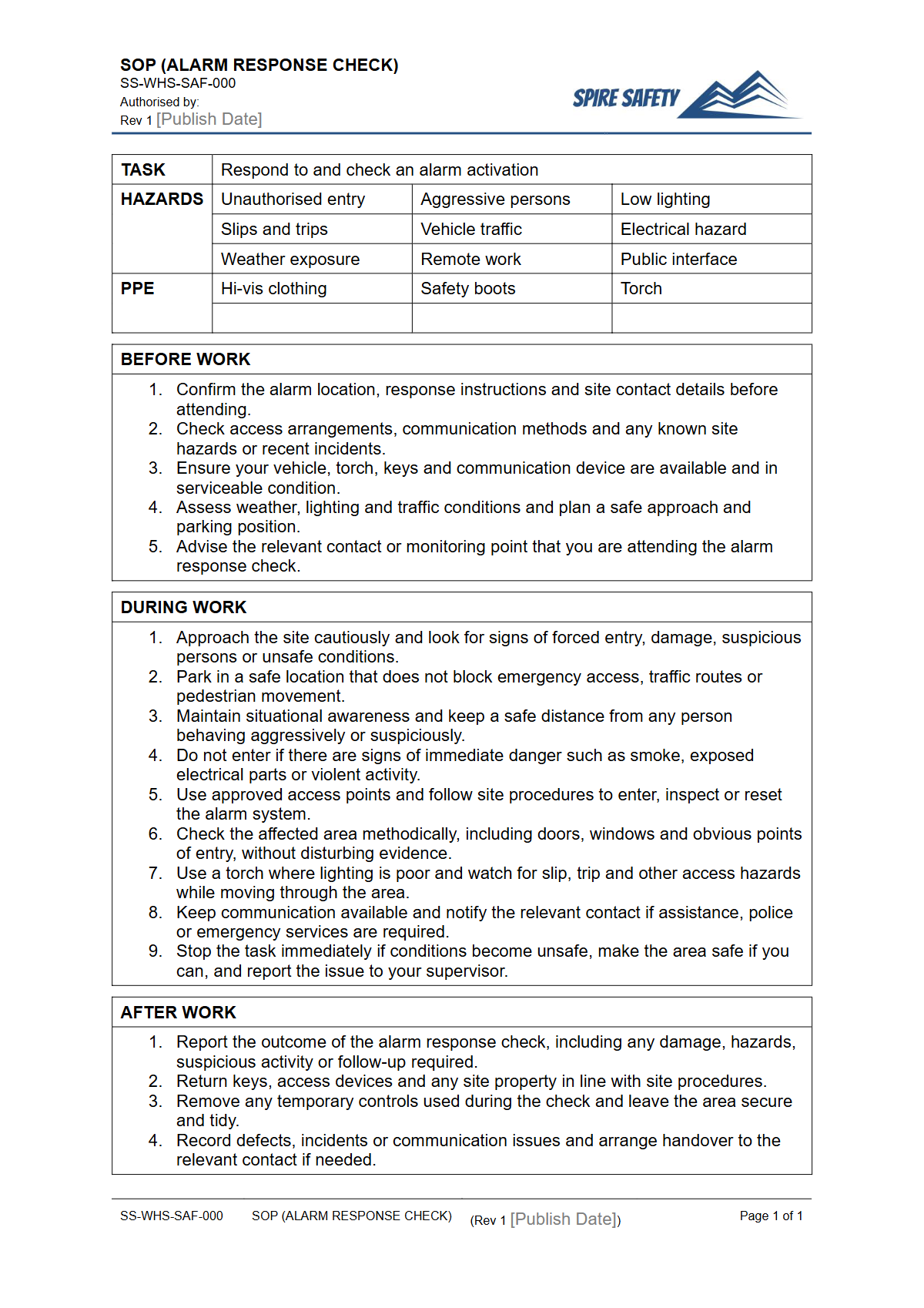 Free Safe Operating Procedure (Alarm Response Check) Template — document preview