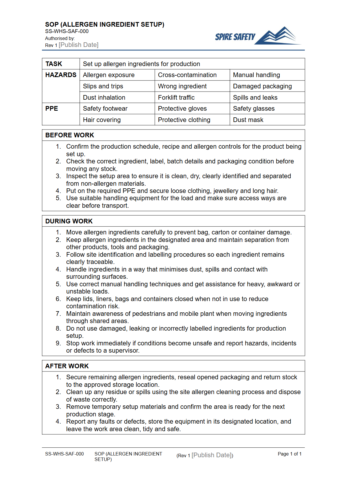 Free Safe Operating Procedure (Allergen Ingredient Setup) Template — document preview