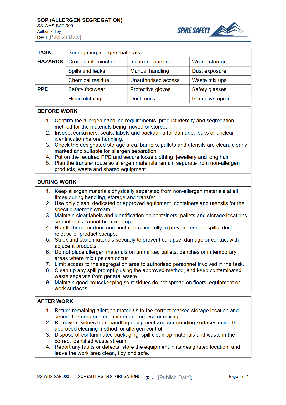 Free Safe Operating Procedure (Allergen Segregation) Template — document preview