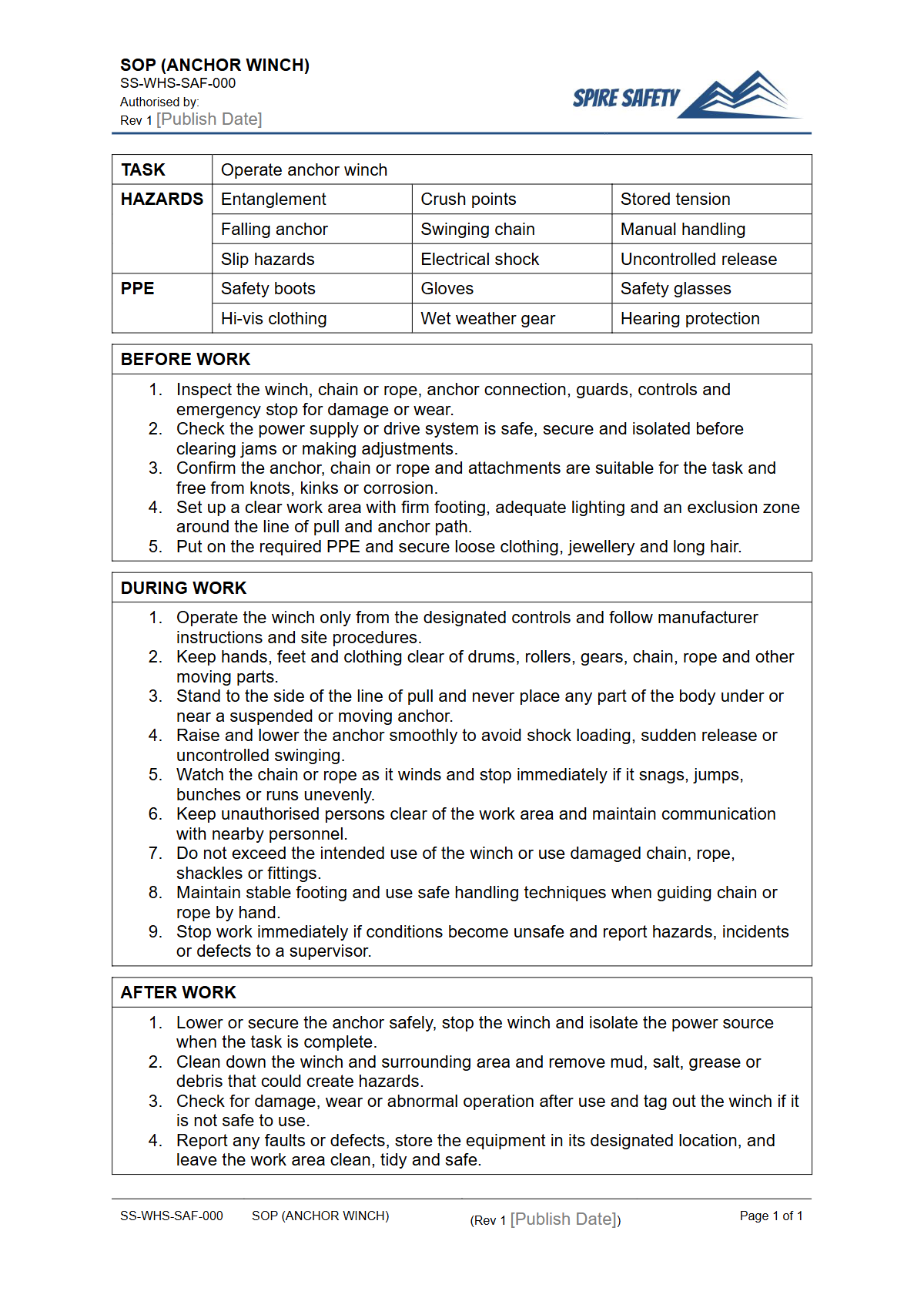 Free Safe Operating Procedure (Anchor Winch) Template — document preview