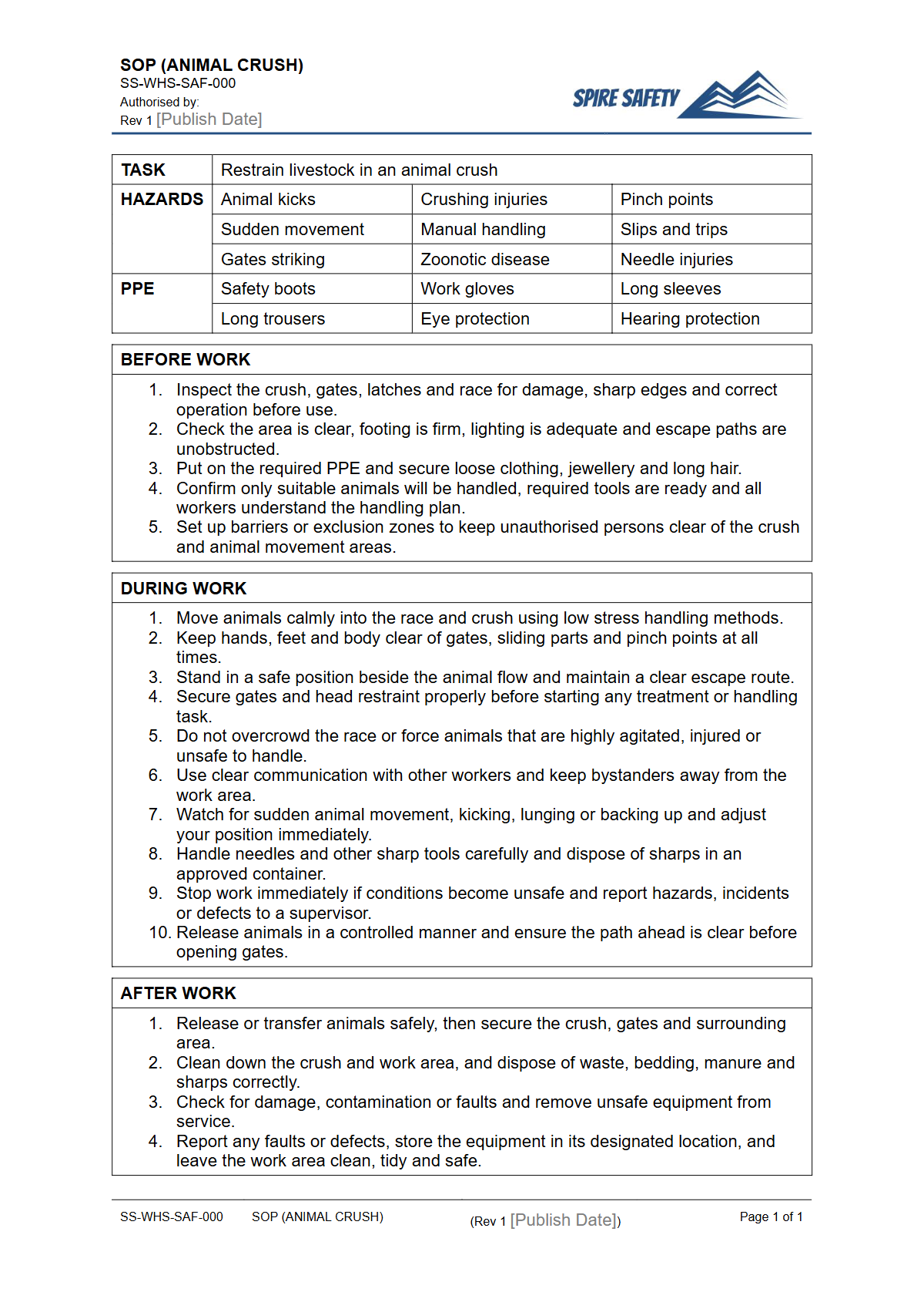 Free Safe Operating Procedure (Animal Crush) Template — document preview