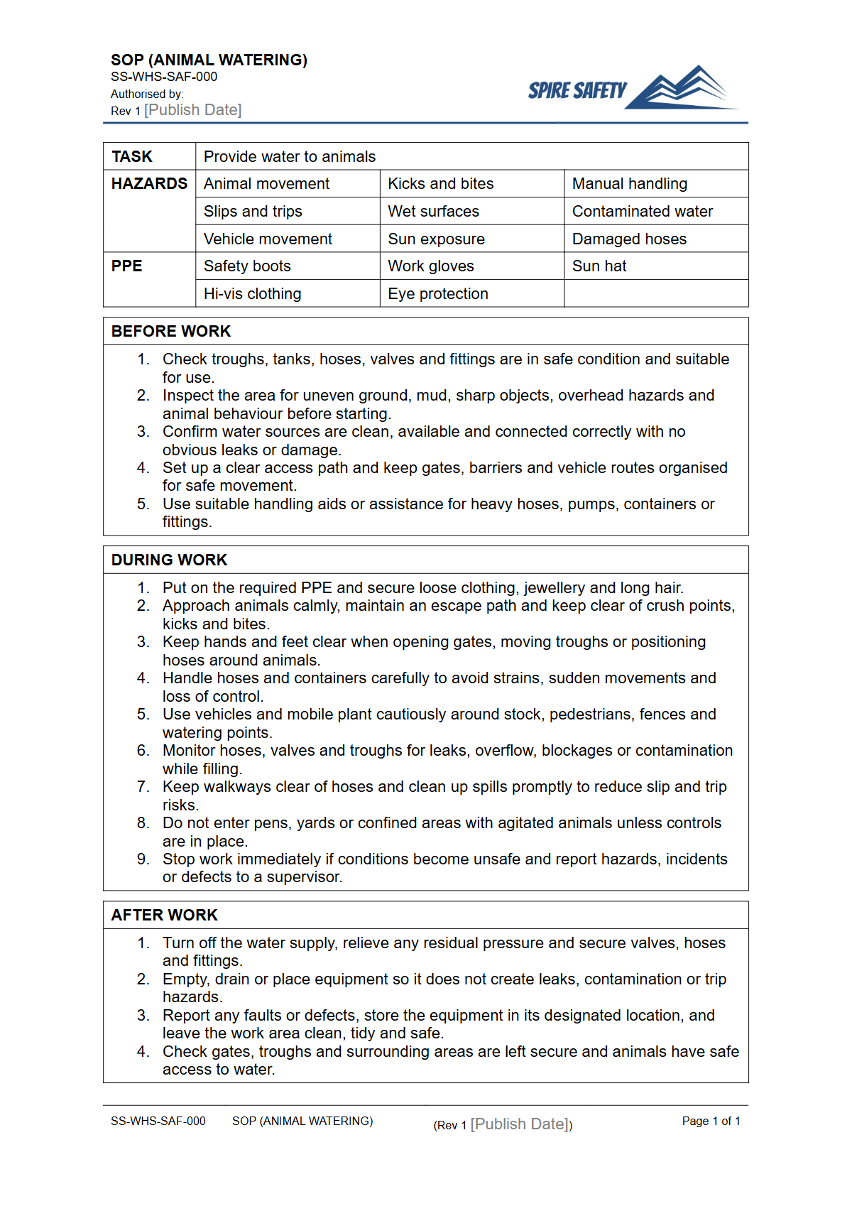 Free Safe Operating Procedure (Animal Watering) Template — document preview