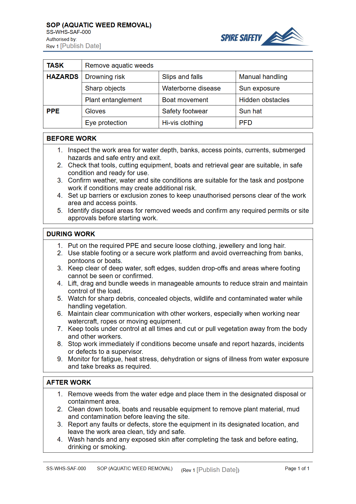 Free Safe Operating Procedure (Aquatic Weed Removal) Template — document preview