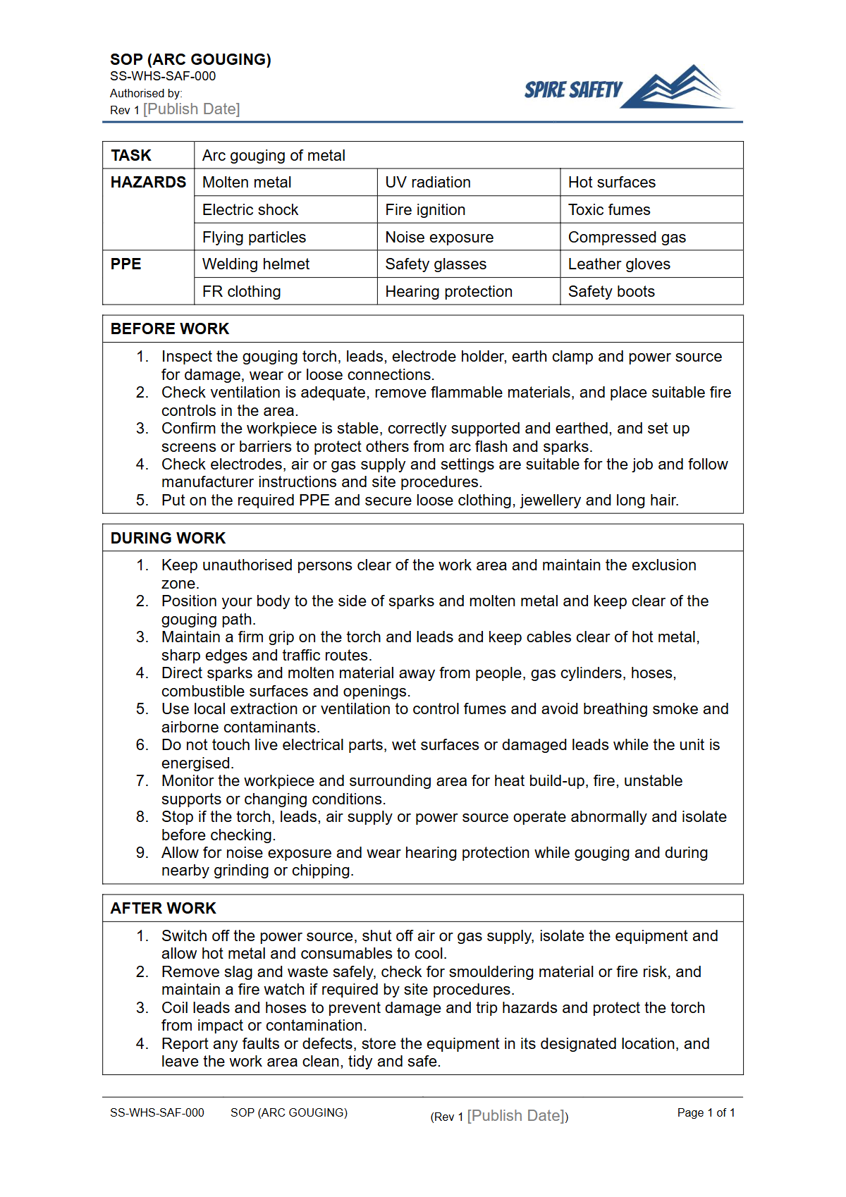 Free Safe Operating Procedure (Arc Gouging) Template — document preview