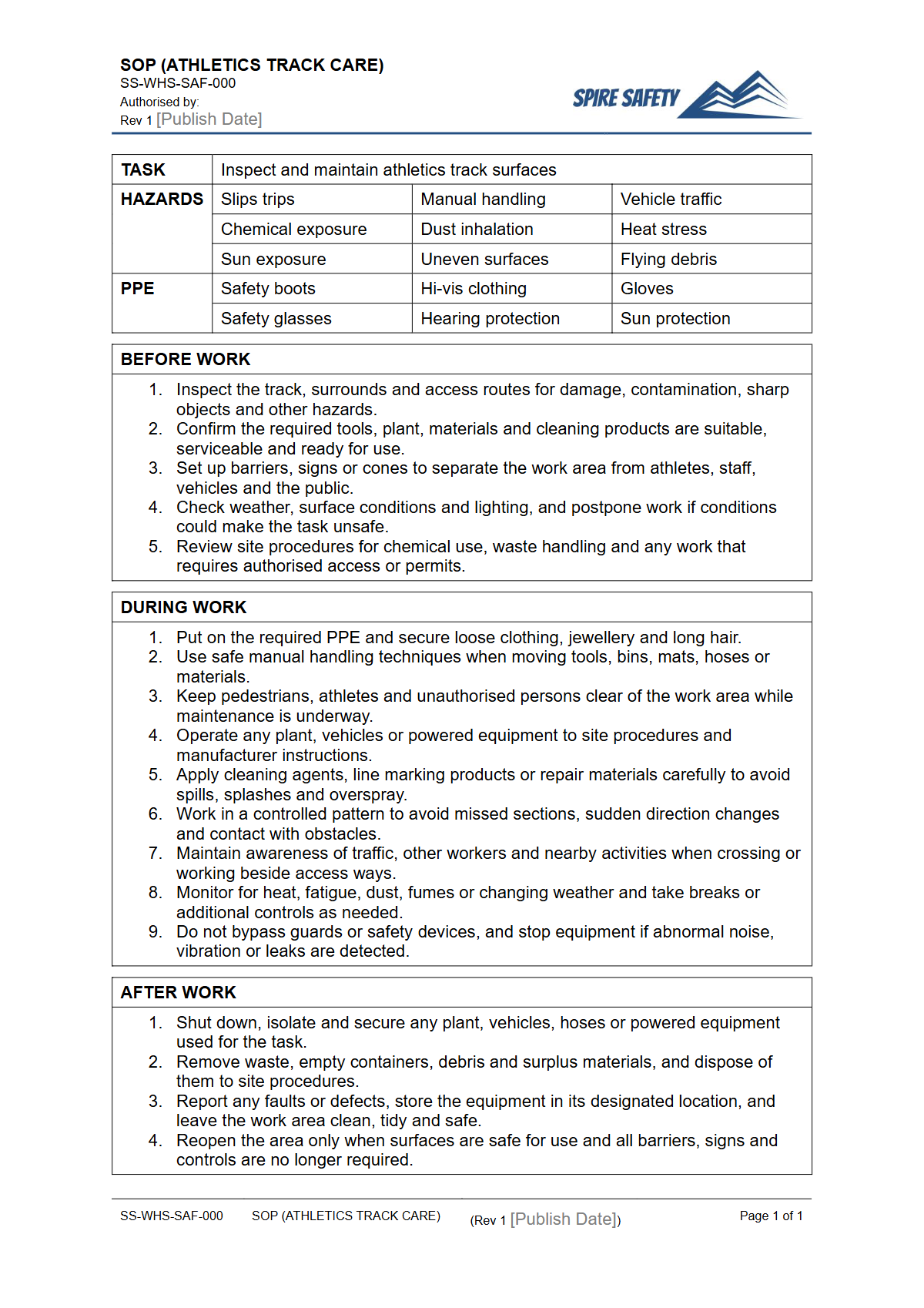 Free Safe Operating Procedure (Athletics Track Care) Template — document preview