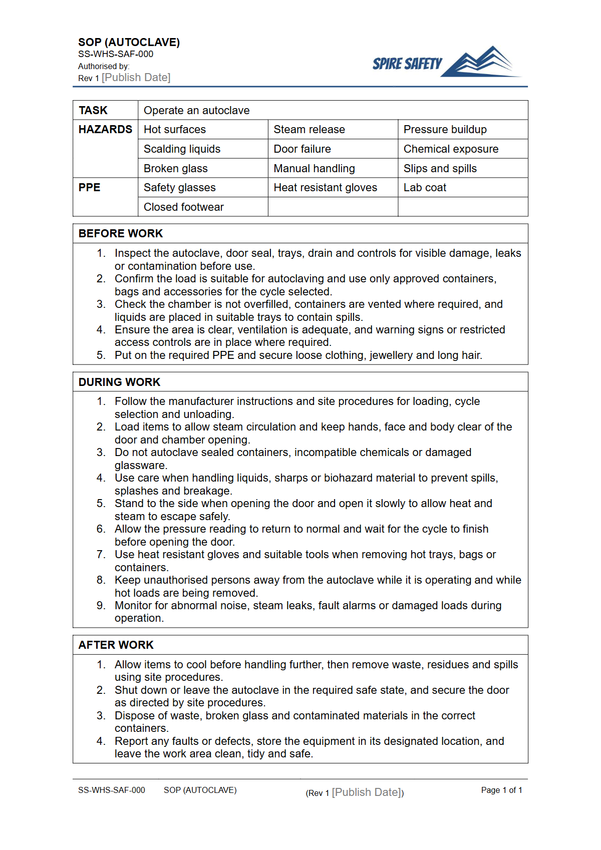 Free Safe Operating Procedure (Autoclave) Template — document preview