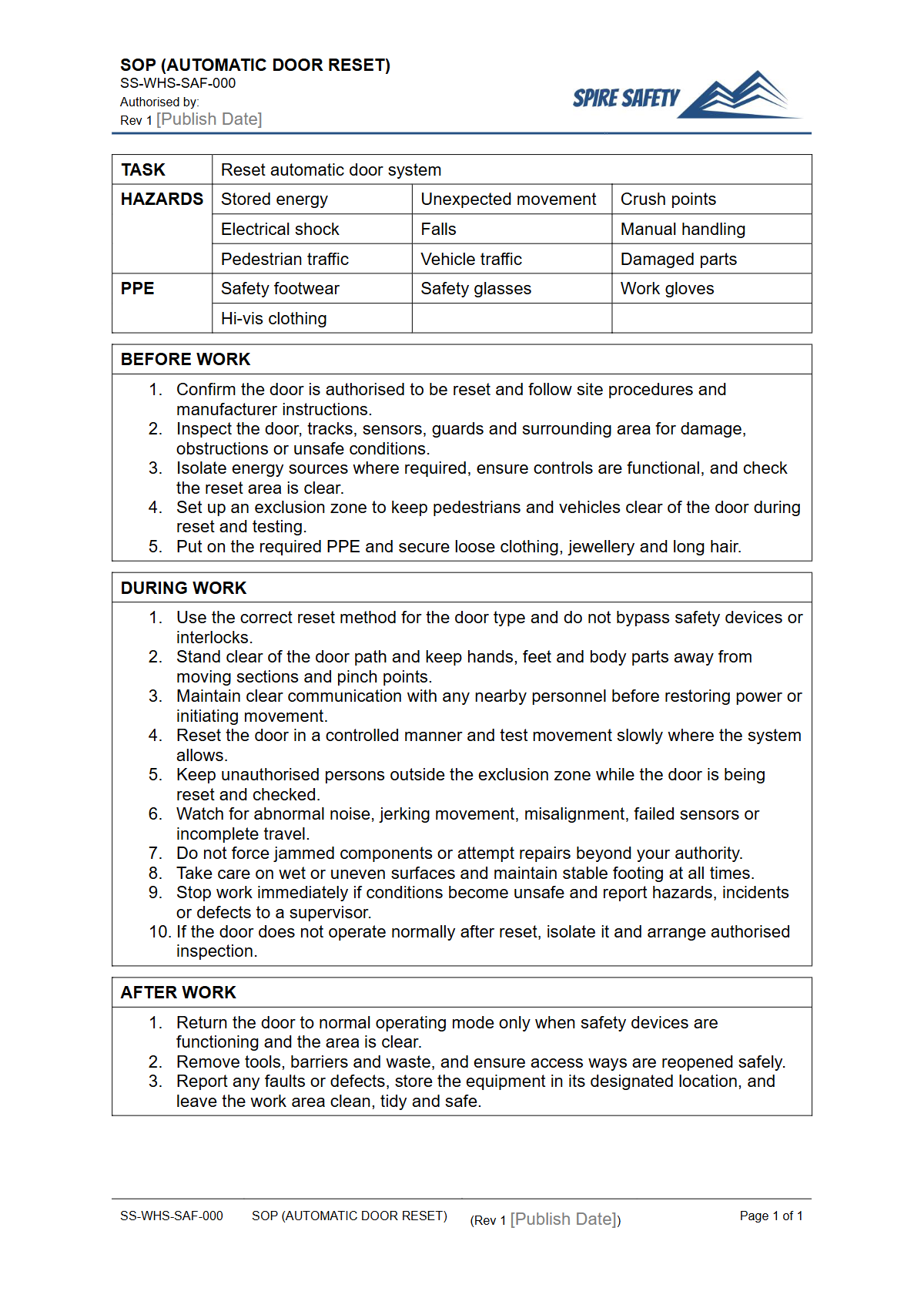 Free Safe Operating Procedure (Automatic Door Reset) Template — document preview