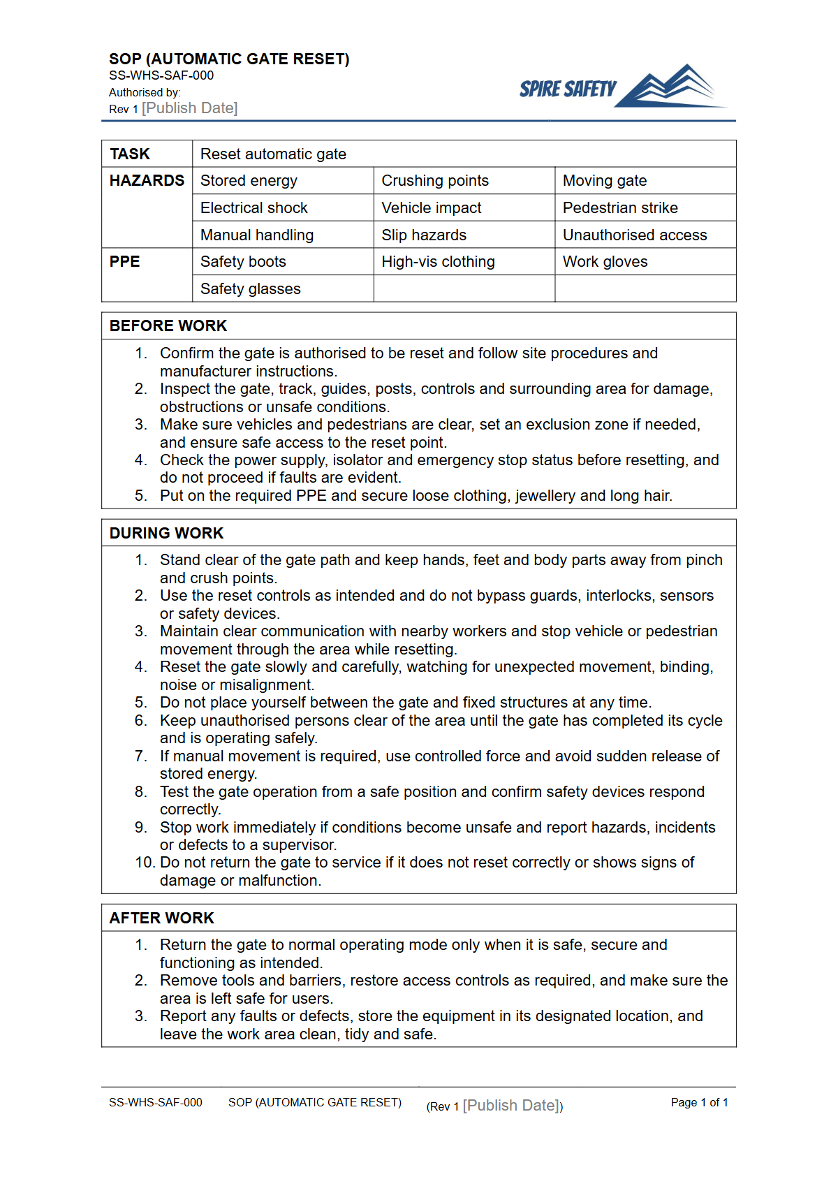 Free Safe Operating Procedure (Automatic Gate Reset) Template — document preview