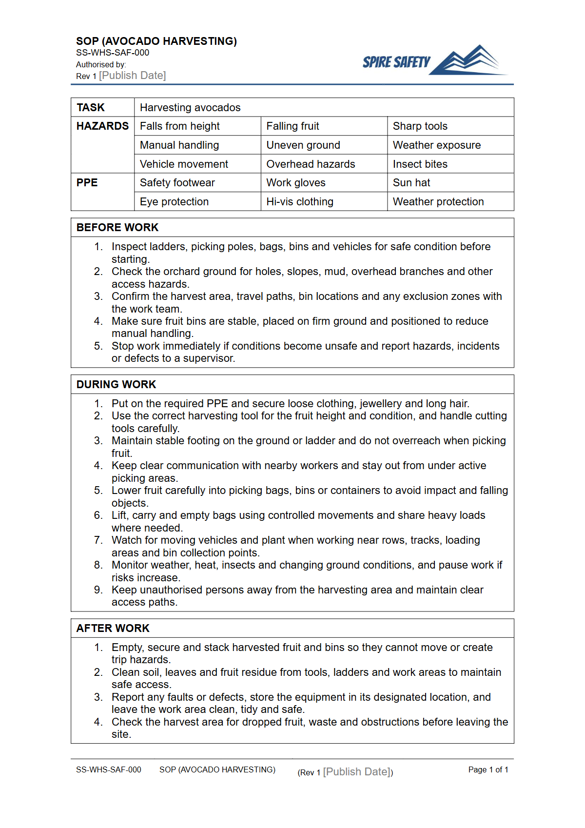 Free Safe Operating Procedure (Avocado Harvesting) Template — document preview