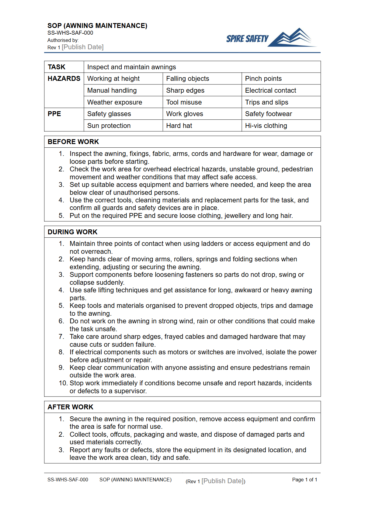 Free Safe Operating Procedure (Awning Maintenance) Template — document preview