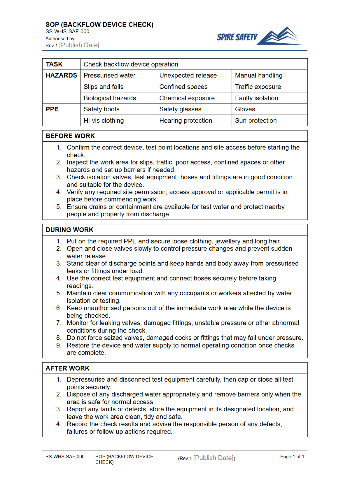 Free Safe Operating Procedure (Backflow Device Check) Template — document preview