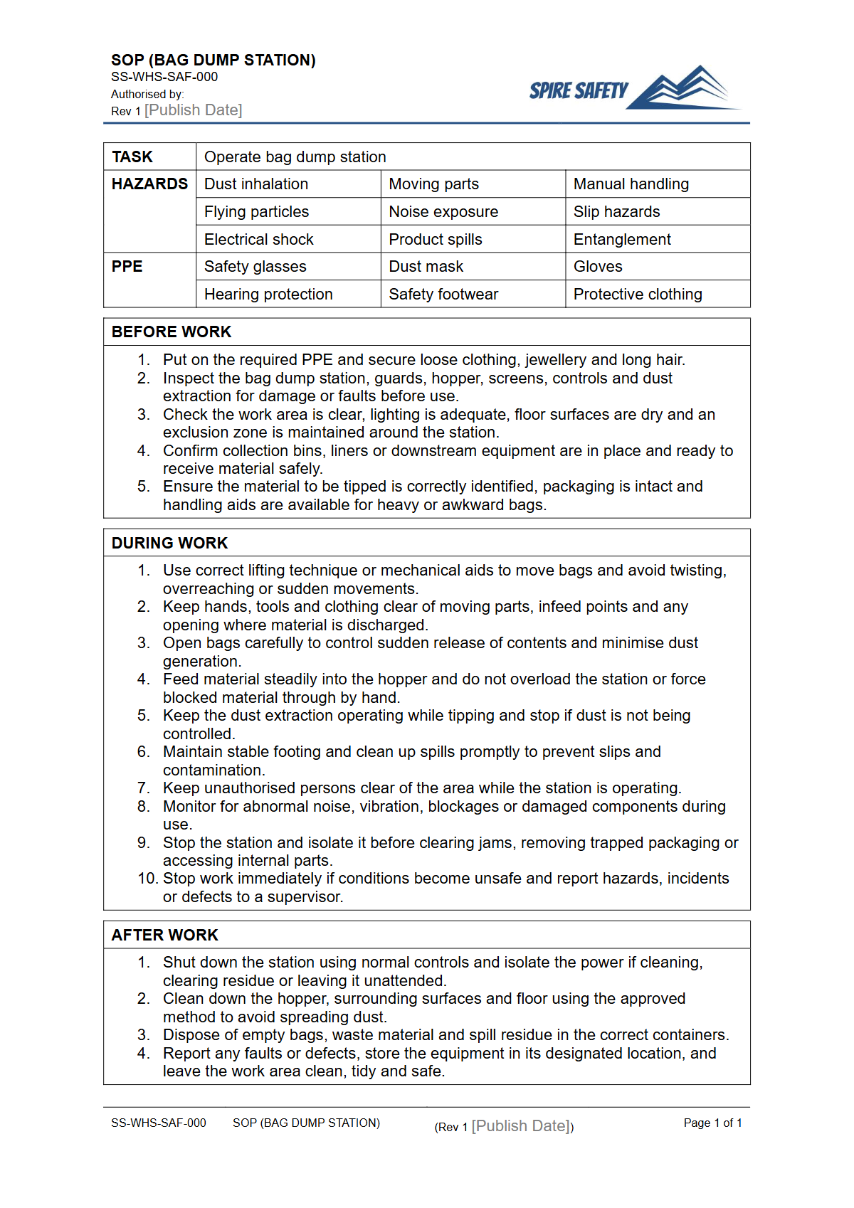 Free Safe Operating Procedure (Bag Dump Station) Template — document preview