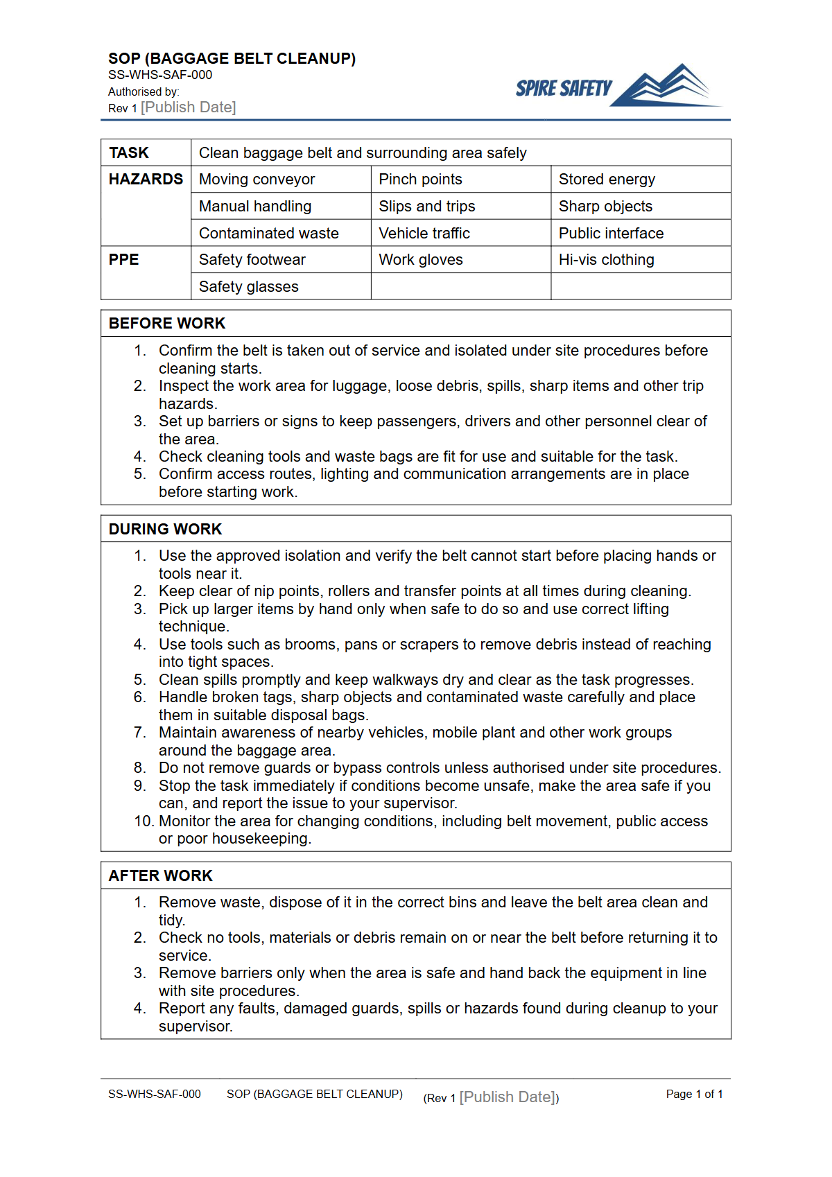Free Safe Operating Procedure (Baggage Belt Cleanup) Template — document preview